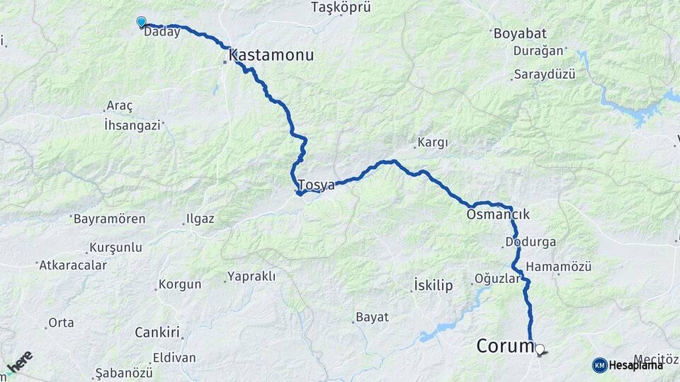 Kastamonu Daday Çorum Arası Kaç Km - Yol Haritası