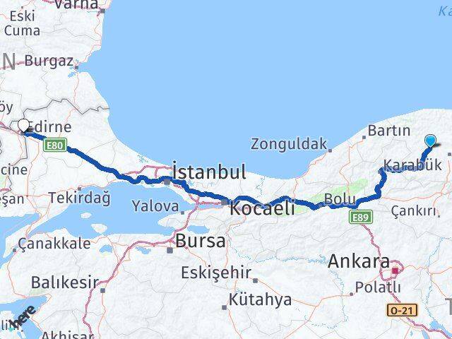 Kastamonu Daday Edirne Arası Kaç Km - Yol Haritası