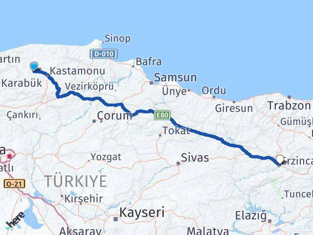 Kastamonu Daday Erzincan Arası Kaç Km - Yol Haritası
