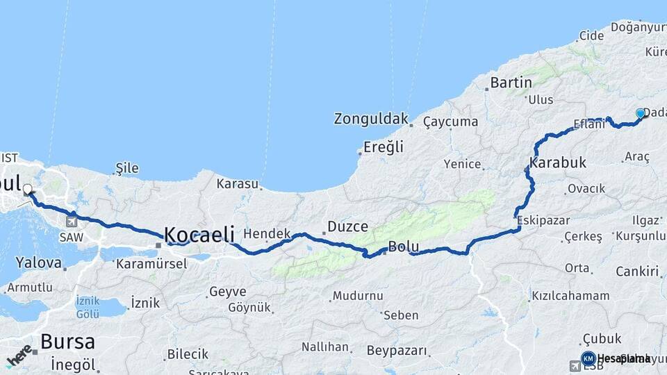 Kastamonu Daday İstanbul Arası Kaç Km - Yol Haritası