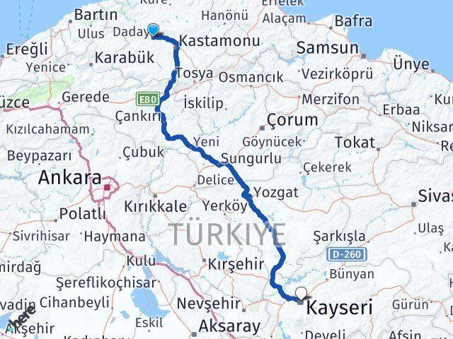 Kastamonu Daday Kayseri Arası Kaç Km - Yol Haritası