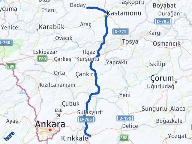 Kastamonu Daday Kırıkkale Arası Kaç Km - Yol Haritası