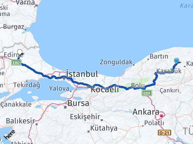 Kastamonu Daday Kırklareli Arası Kaç Km - Yol Haritası