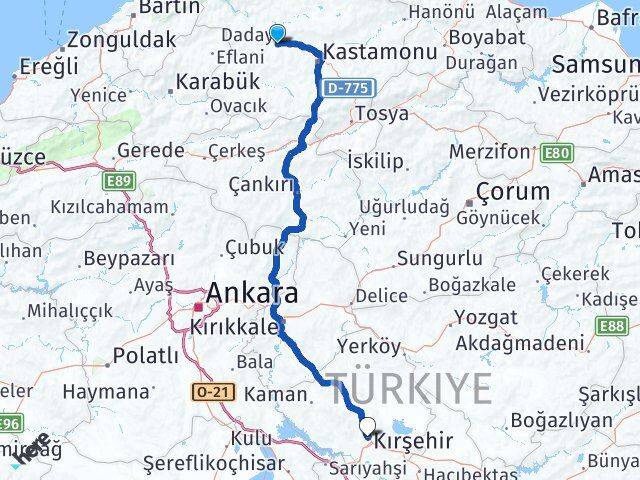 Kastamonu Daday Kırşehir Arası Kaç Km - Yol Haritası