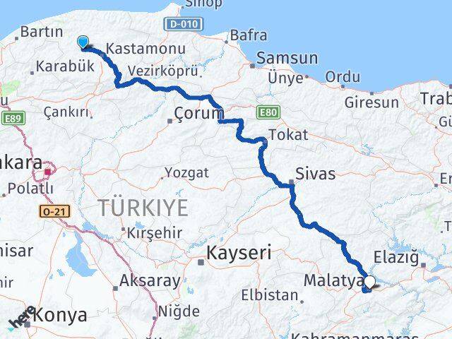 Kastamonu Daday Malatya Arası Kaç Km - Yol Haritası