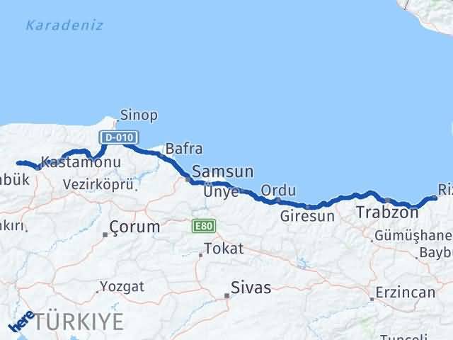 Kastamonu Daday Rize Arası Kaç Km - Yol Haritası