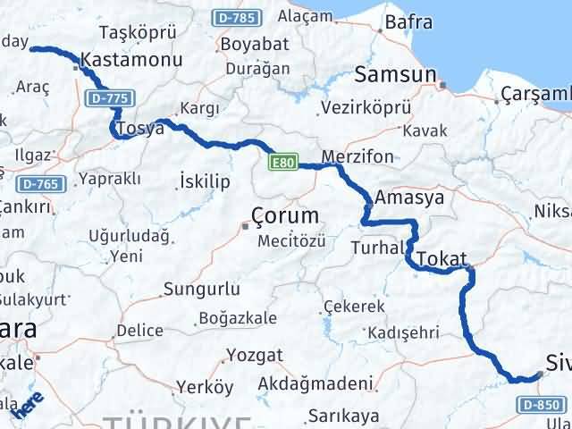 Kastamonu Daday Sivas Arası Kaç Km - Yol Haritası