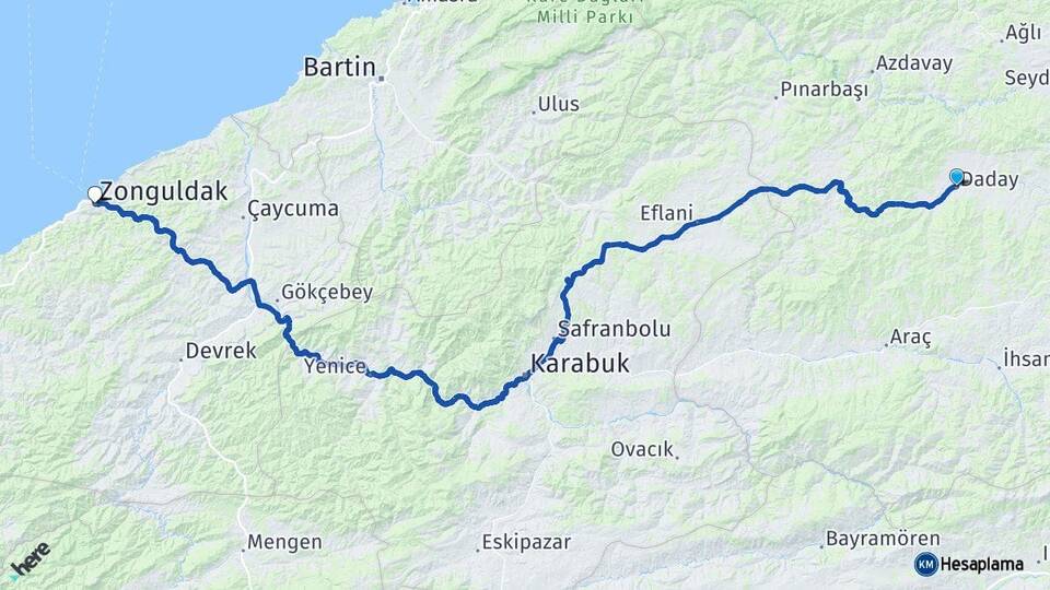 Kastamonu Daday Zonguldak Arası Kaç Km - Yol Haritası
