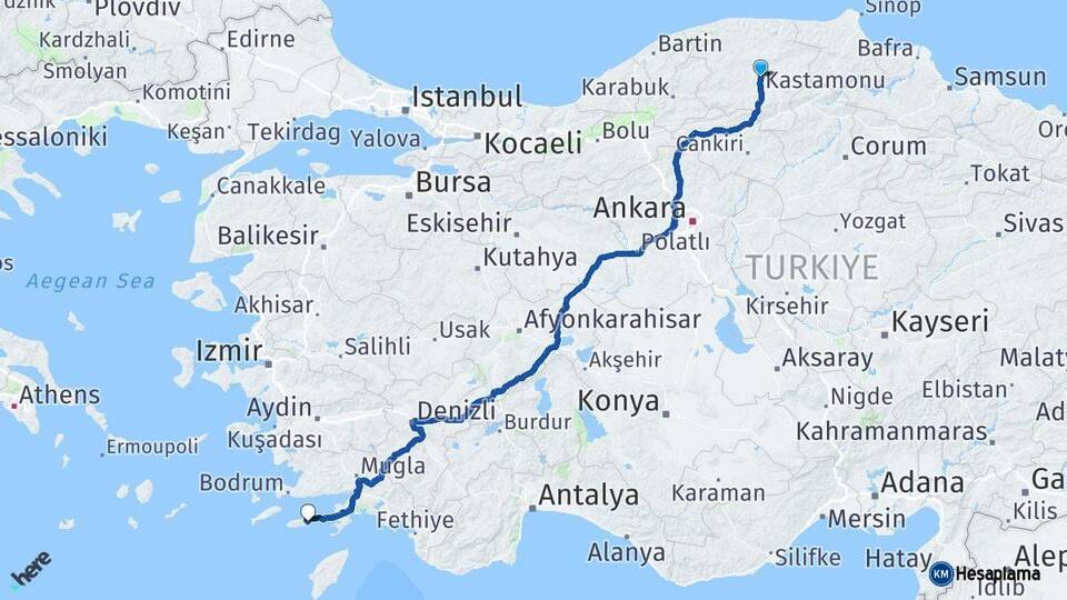 Kastamonu Datça Muğla Arası Kaç Km - Yol Haritası
