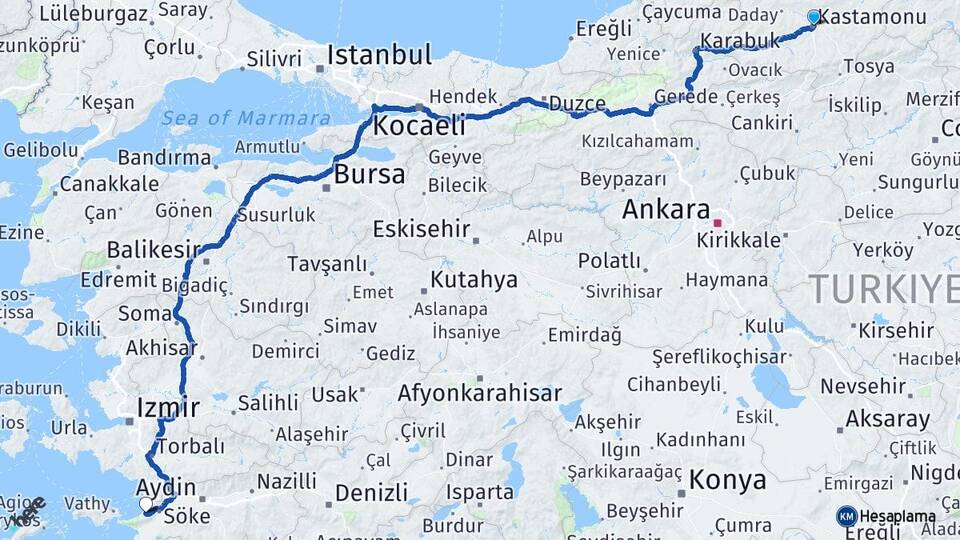 Kastamonu Davutlar Kuşadası Aydın Arası Kaç Km - Yol Haritası