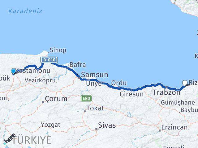 Kastamonu Derepazarı Rize Arası Kaç Km - Yol Haritası