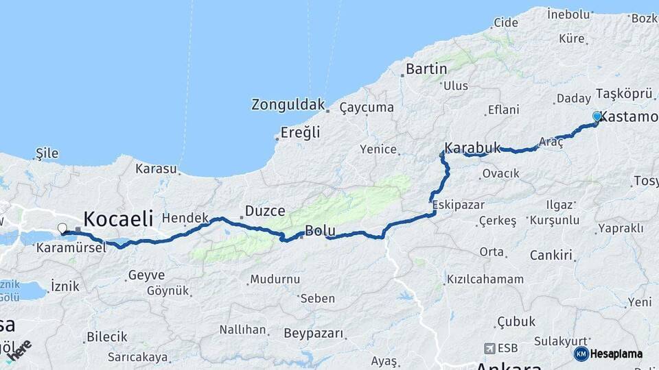 Kastamonu Derince Kocaeli Arası Kaç Km - Yol Haritası