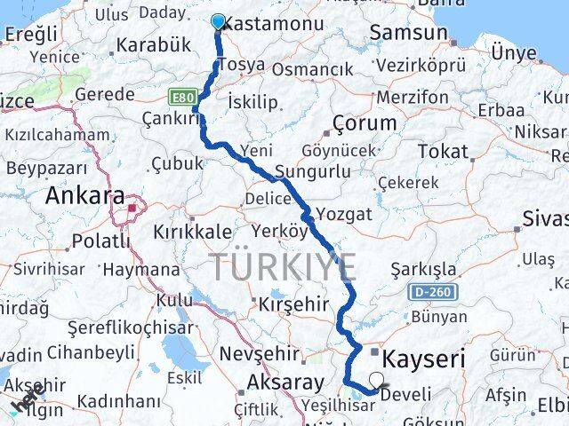 Kastamonu Develi Kayseri Arası Kaç Km - Yol Haritası