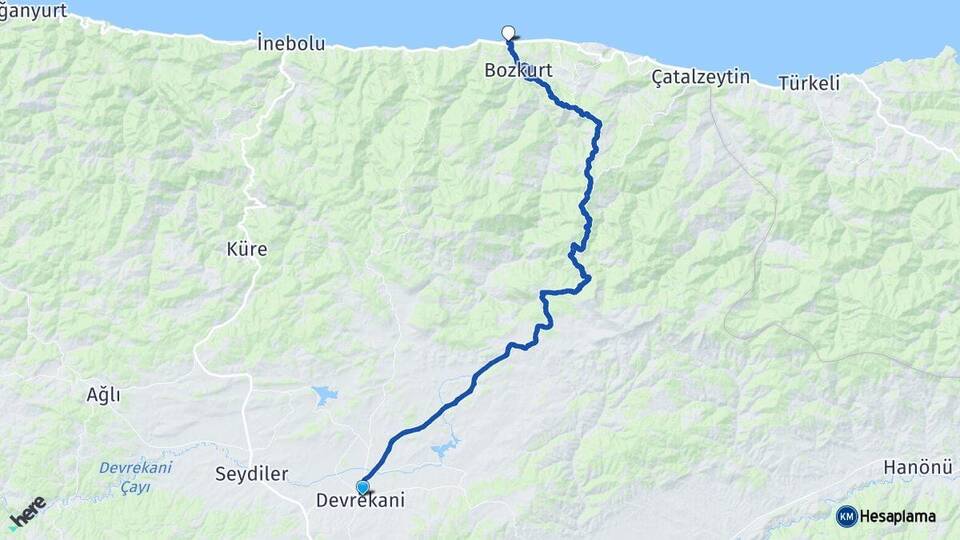 Kastamonu Devrekani Abana Arası Kaç Km - Yol Haritası