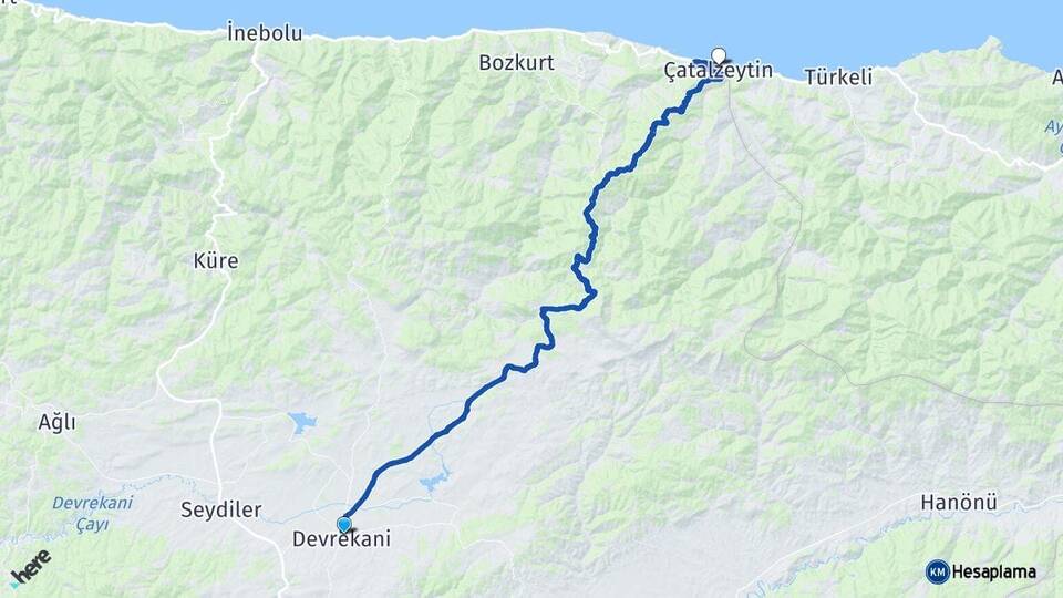 Kastamonu Devrekani Çatalzeytin Arası Kaç Km - Yol Haritası