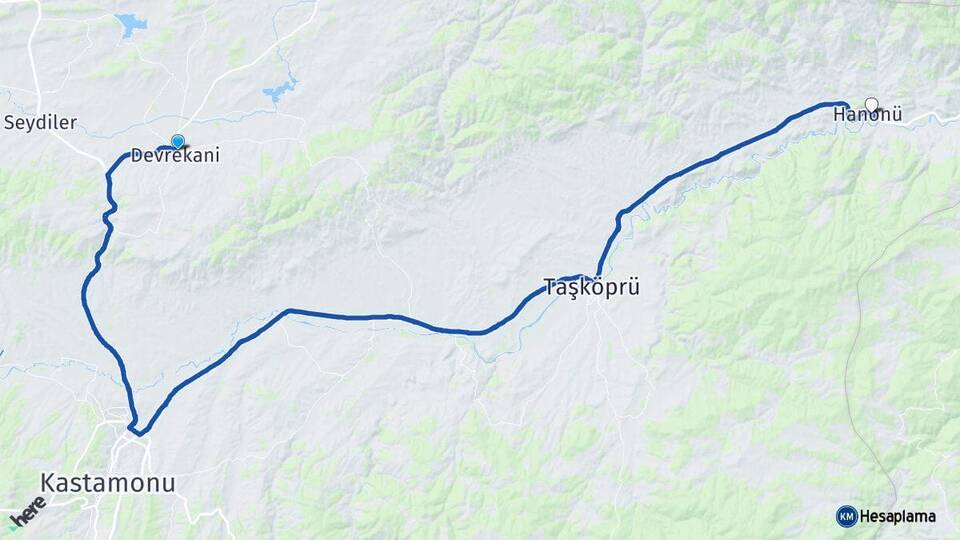 Kastamonu Devrekani Hanönü Arası Kaç Km - Yol Haritası