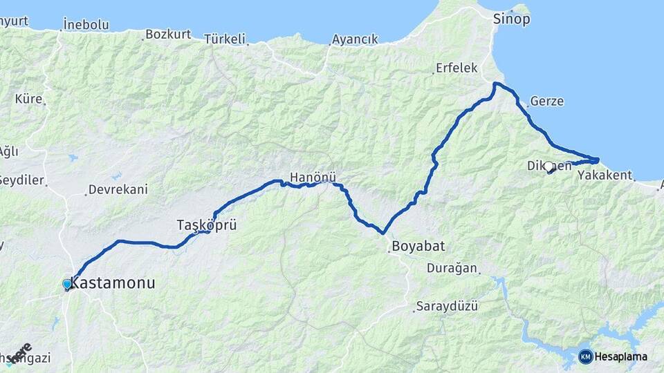 Kastamonu Dikmen Sinop Arası Kaç Km - Yol Haritası
