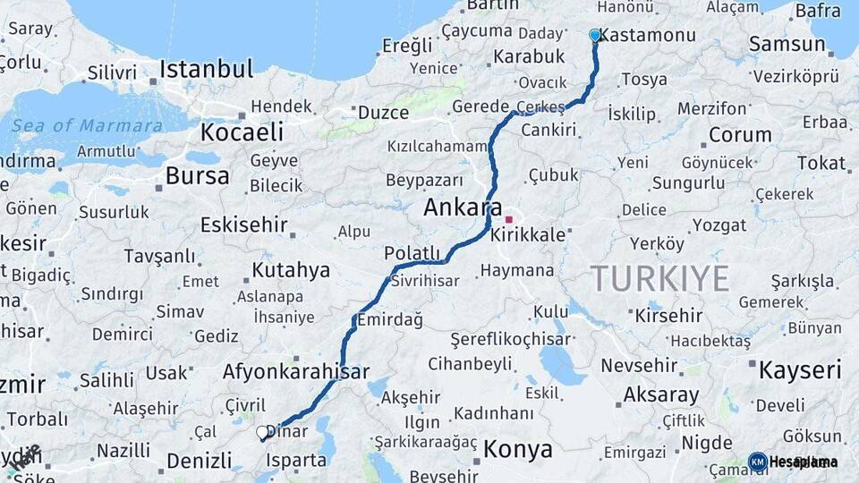 Kastamonu Dinar Afyonkarahisar Arası Kaç Km - Yol Haritası