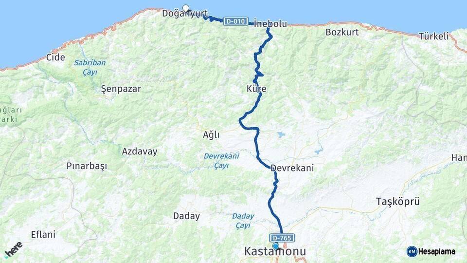 Kastamonu Doğanyurt Arası Kaç Km - Yol Haritası