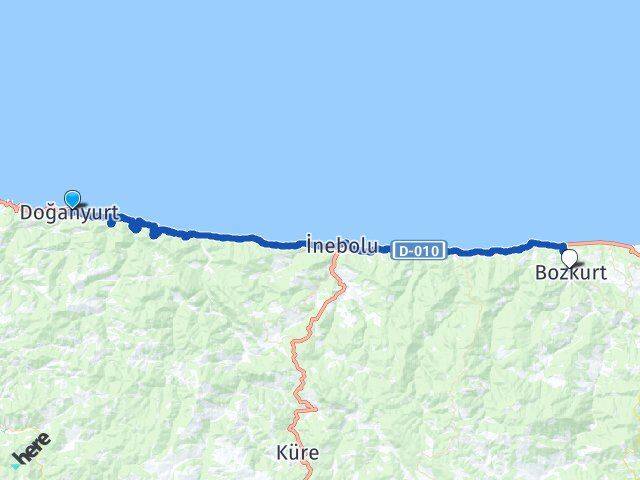 Kastamonu Doğanyurt Bozkurt Arası Kaç Km - Yol Haritası