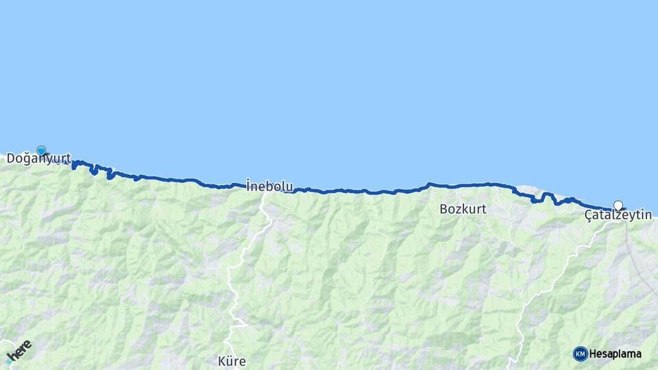 Kastamonu Doğanyurt Çatalzeytin Arası Kaç Km - Yol Haritası