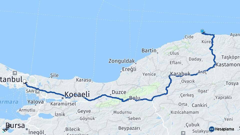 Kastamonu Doğanyurt İstanbul Arası Kaç Km - Yol Haritası