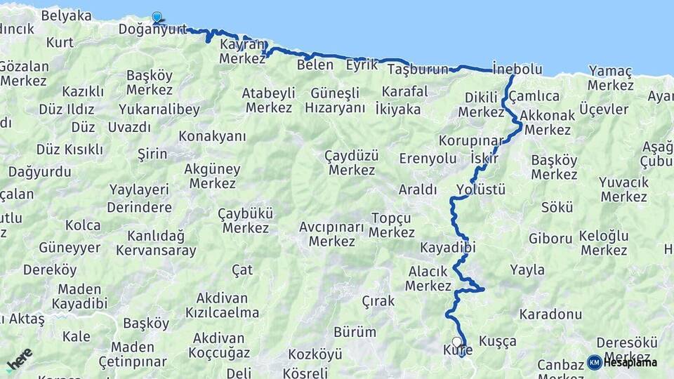 Kastamonu Doğanyurt Küre Arası Kaç Km - Yol Haritası