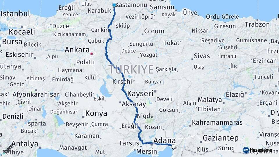 Kastamonu Dörtyol Hatay Arası Kaç Km - Yol Haritası
