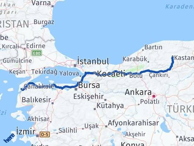 Kastamonu Eceabat Çanakkale Arası Kaç Km - Yol Haritası