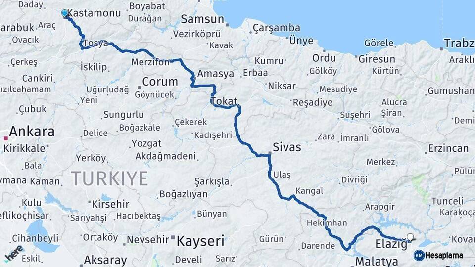 Kastamonu Elazığ Arası Kaç Km - Yol Haritası