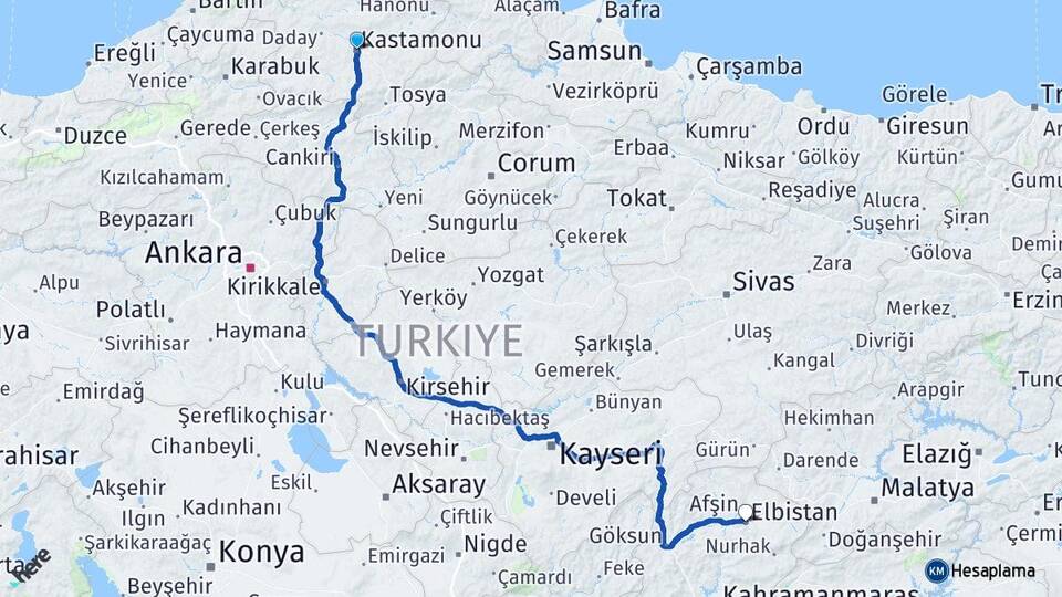 Kastamonu Elbistan Kahramanmaraş Arası Kaç Km - Yol Haritası