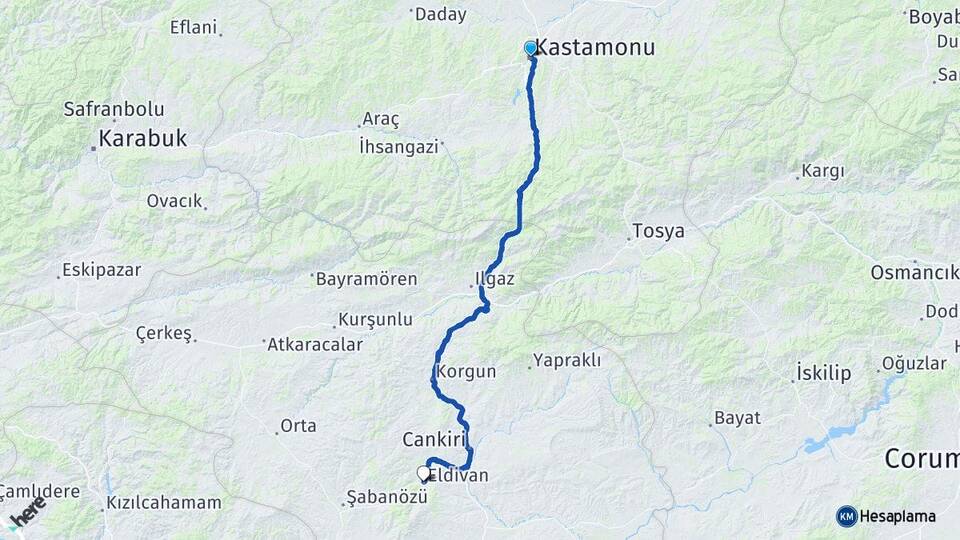Kastamonu Eldivan Çankırı Arası Kaç Km - Yol Haritası