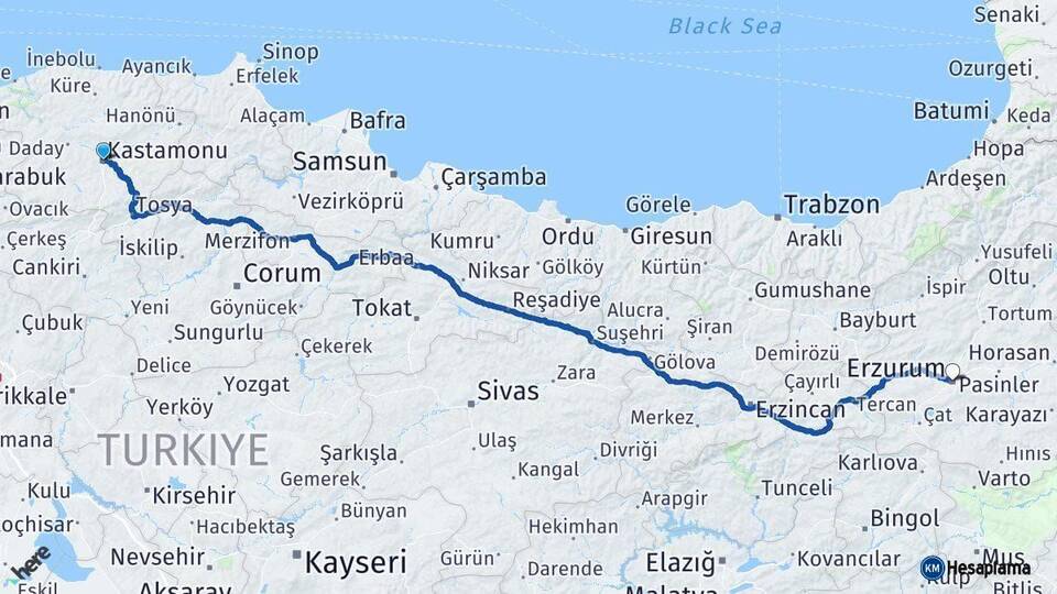 Kastamonu Erzurum Arası Kaç Km - Yol Haritası