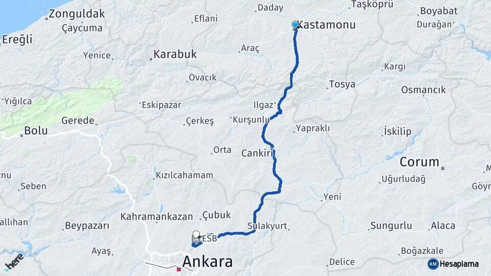 Kastamonu Esenboğa Havalimanı Arası Kaç Km - Yol Haritası
