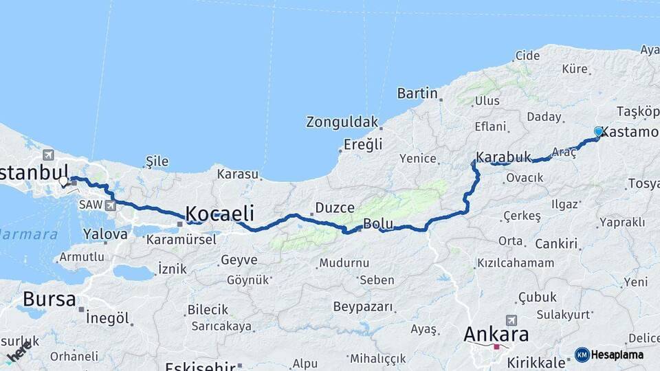 Kastamonu Esenler İstanbul Arası Kaç Km - Yol Haritası