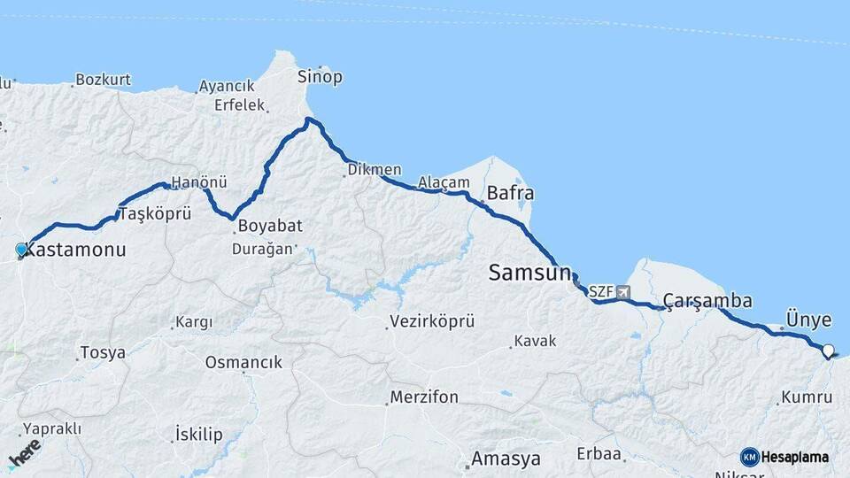 Kastamonu Fatsa Ordu Arası Kaç Km - Yol Haritası