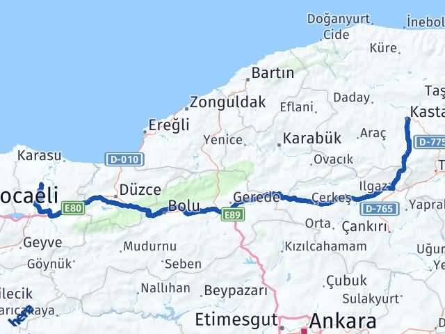 Kastamonu Ferizli Sakarya Arası Kaç Km - Yol Haritası