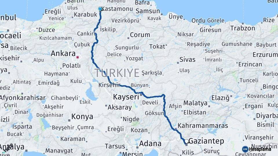 Kastamonu Gaziantep Arası Kaç Km - Yol Haritası