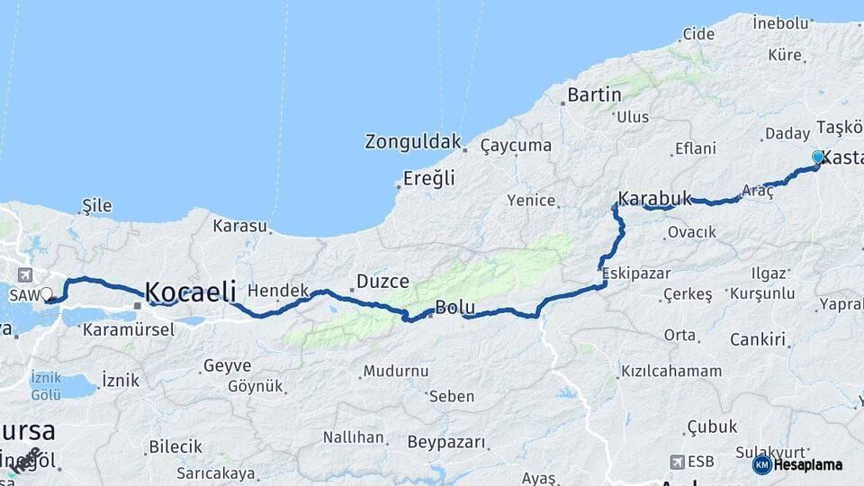 Kastamonu Gebze Kocaeli Arası Kaç Km - Yol Haritası