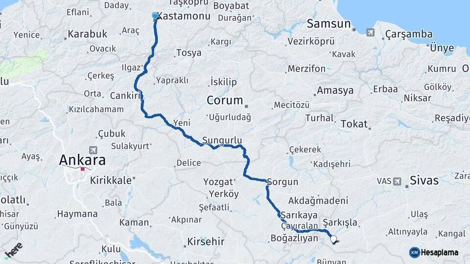 Kastamonu Gemerek Sivas Arası Kaç Km - Yol Haritası