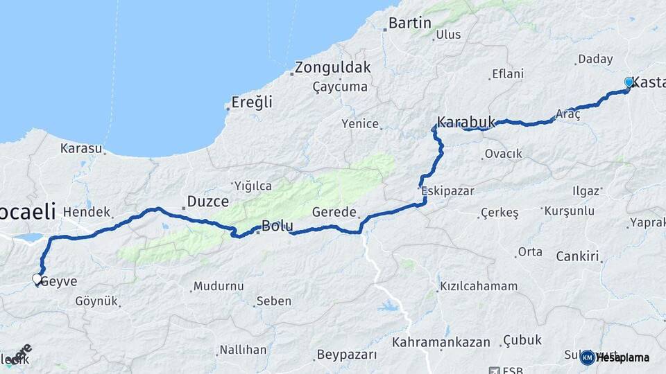Kastamonu Geyve Sakarya Arası Kaç Km - Yol Haritası