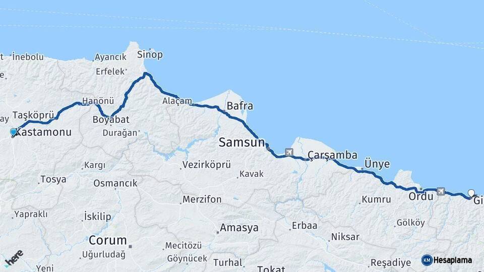 Kastamonu Giresun Arası Kaç Km - Yol Haritası