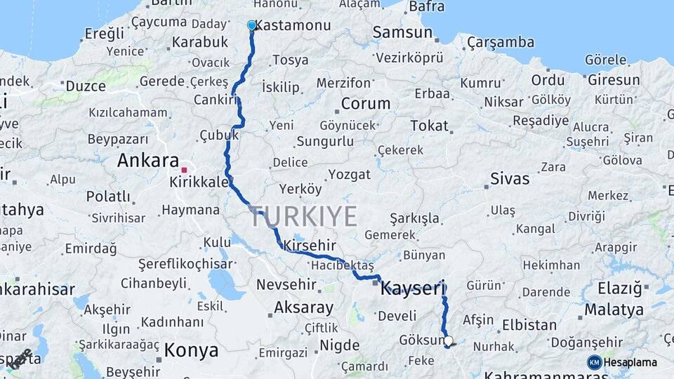 Kastamonu Göksun Kahramanmaraş Arası Kaç Km - Yol Haritası
