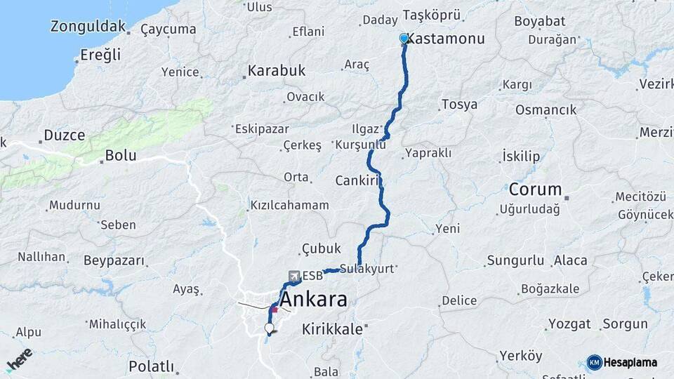 Kastamonu Gölbaşı Ankara Arası Kaç Km - Yol Haritası