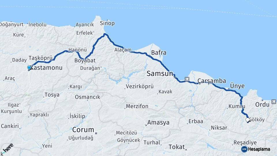 Kastamonu Gölköy Ordu Arası Kaç Km - Yol Haritası