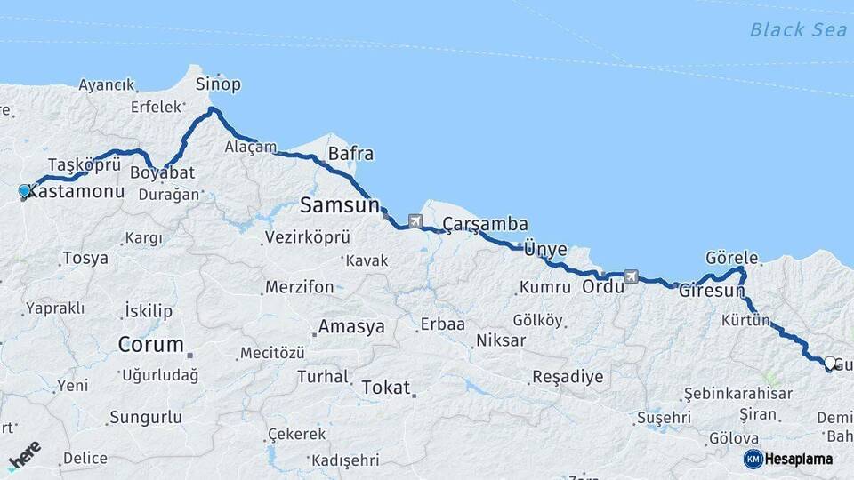 Kastamonu Gümüşhane Arası Kaç Km - Yol Haritası