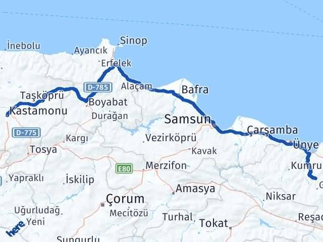 Kastamonu Gürgentepe Ordu Arası Kaç Km - Yol Haritası