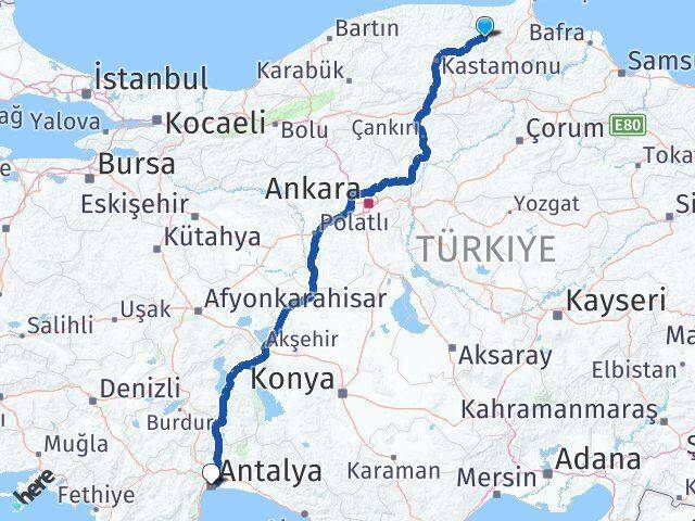 Kastamonu Hanönü Antalya Arası Kaç Km - Yol Haritası