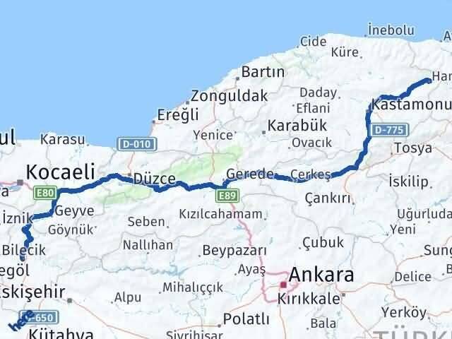 Kastamonu Hanönü Bilecik Arası Kaç Km - Yol Haritası