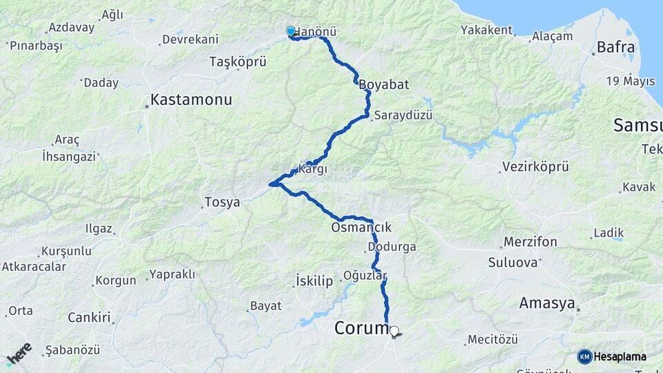 Kastamonu Hanönü Çorum Arası Kaç Km - Yol Haritası